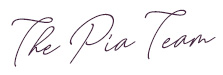 Signature reading The Pia Team in a scrawling handwritten font in dark purple