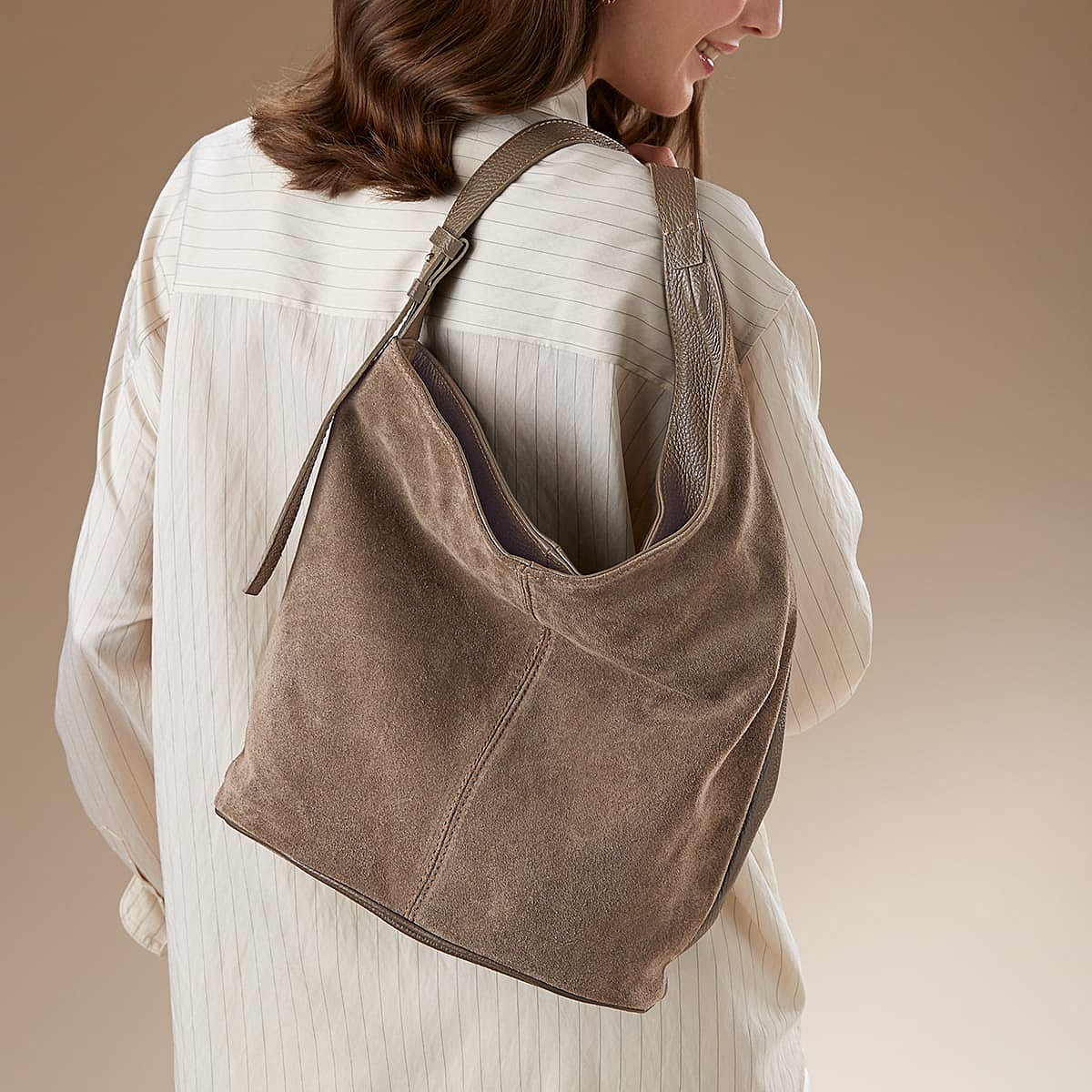 Curve Appeal Taupe Suede & Leather Bag