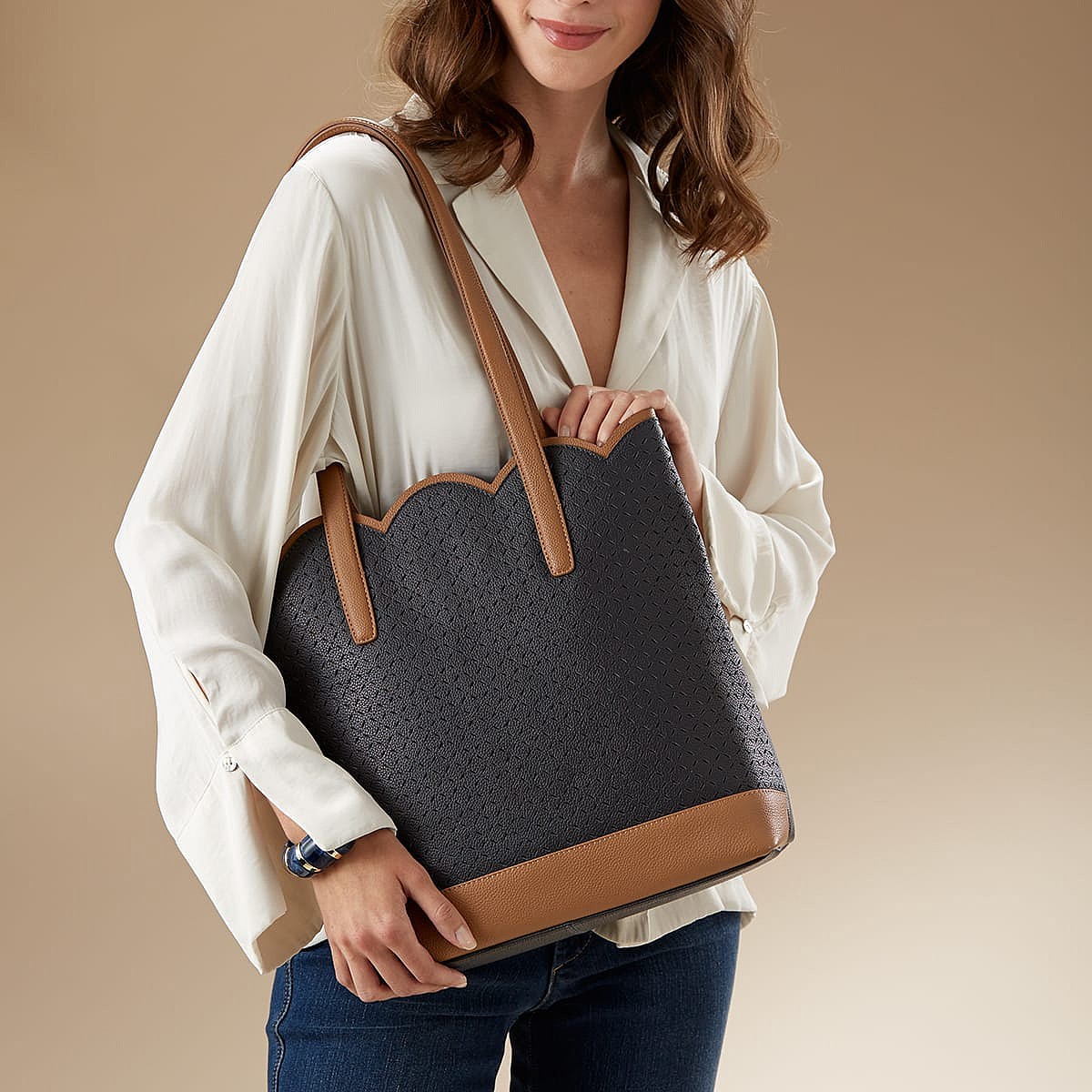 Country Lanes Navy Leather Tote Bag