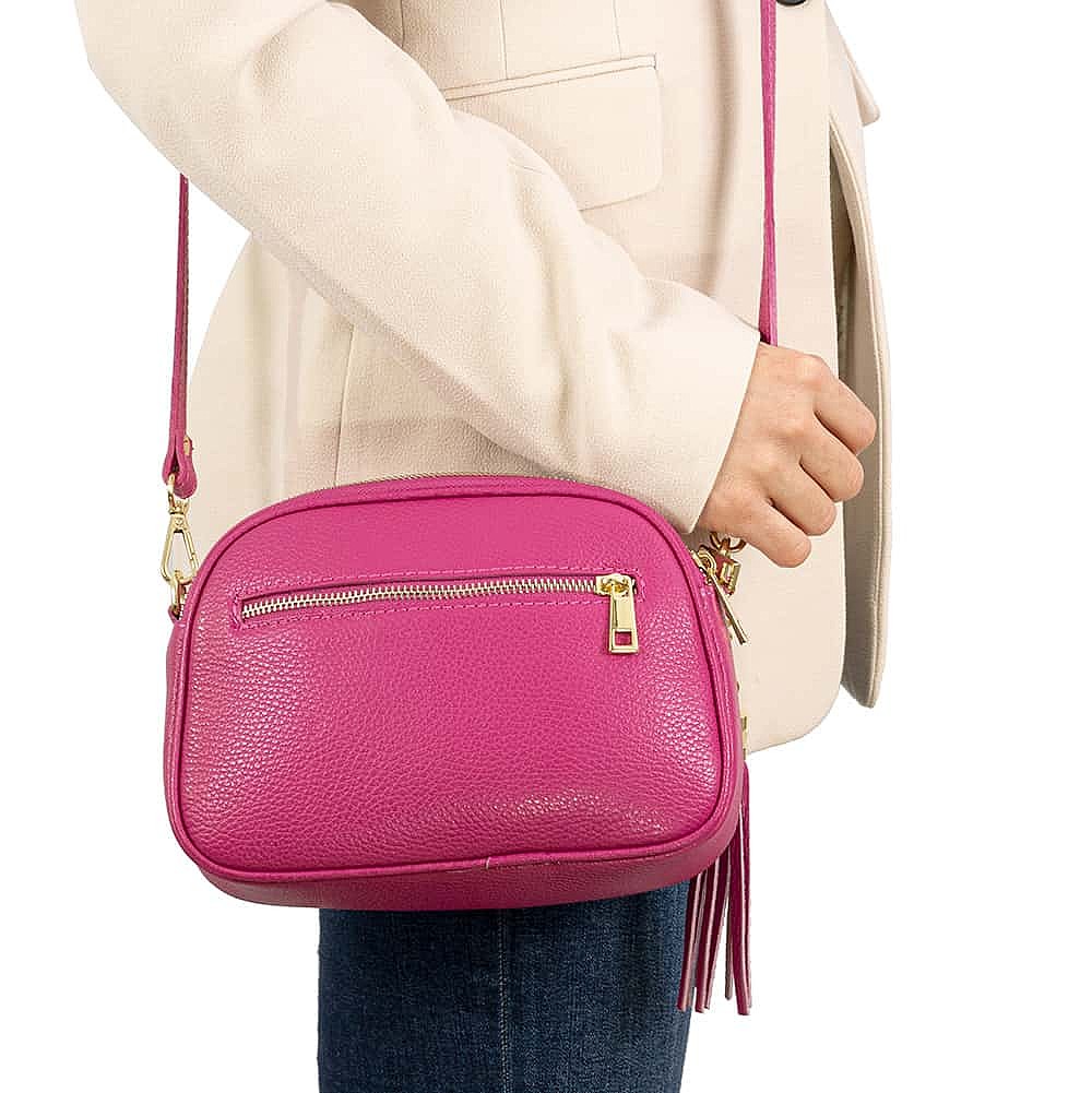 fuchsia leather handbag