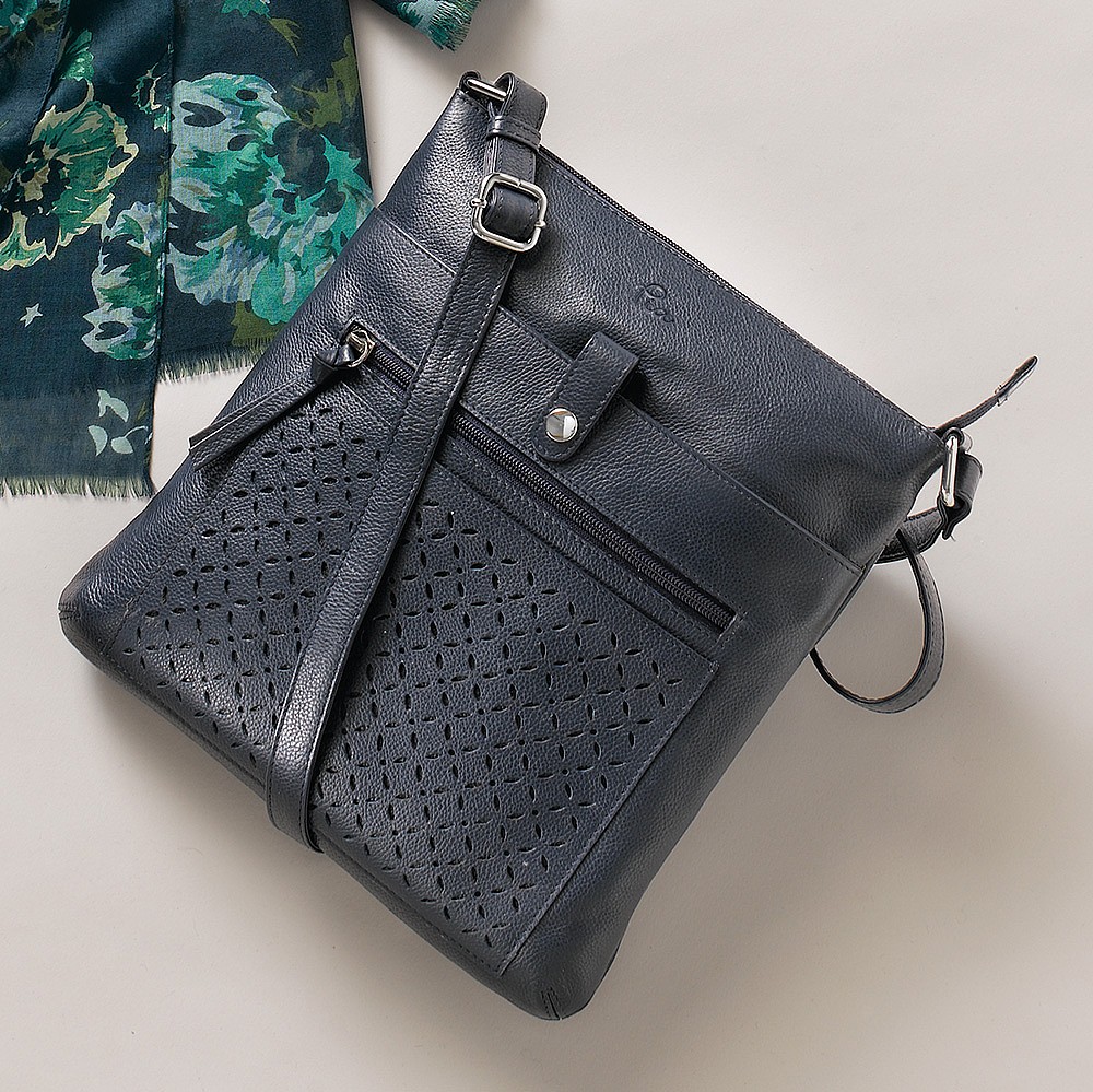 Punctuated Petals Navy Leather Cross-Body Bag
