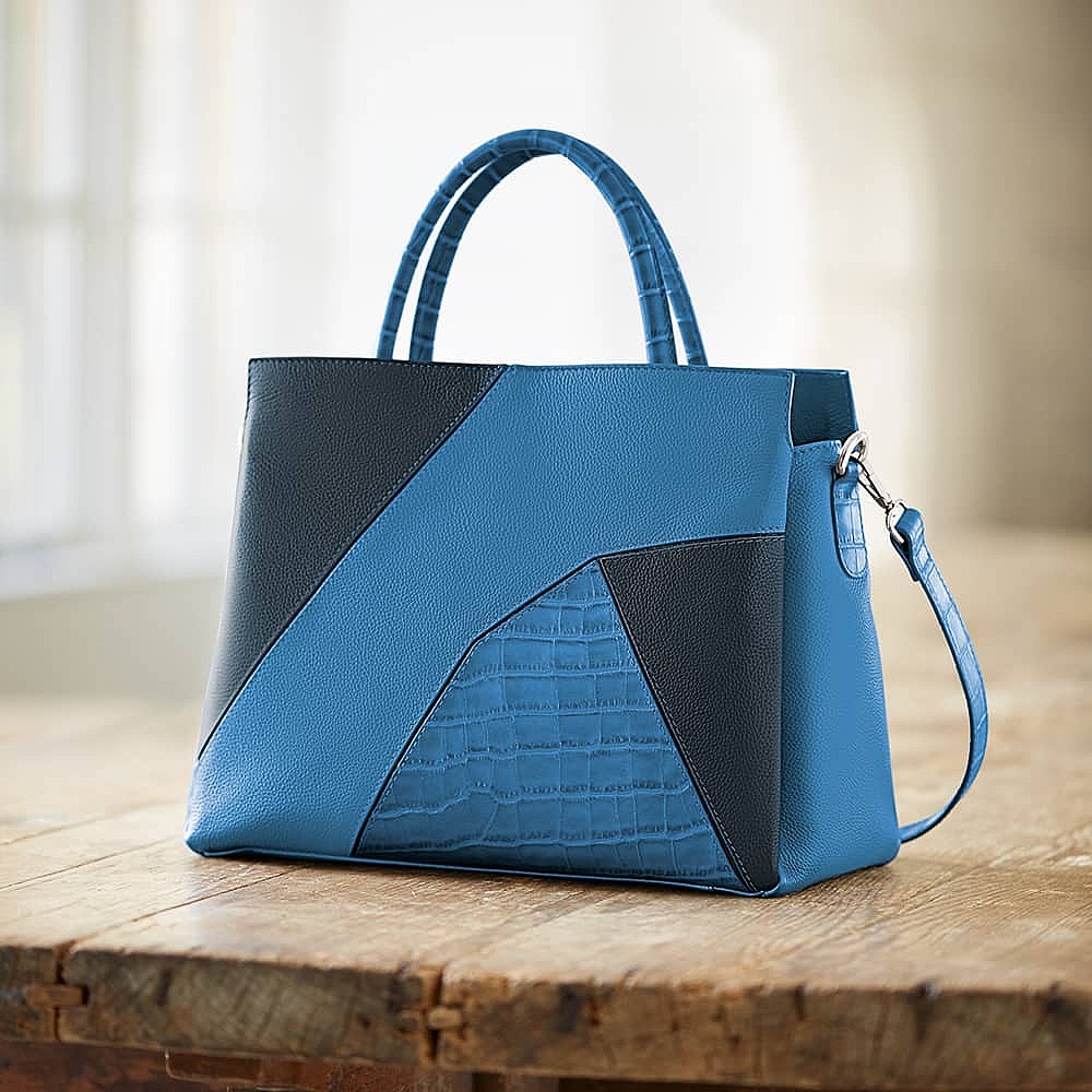Begins With Blue Leather Top Handle Bag