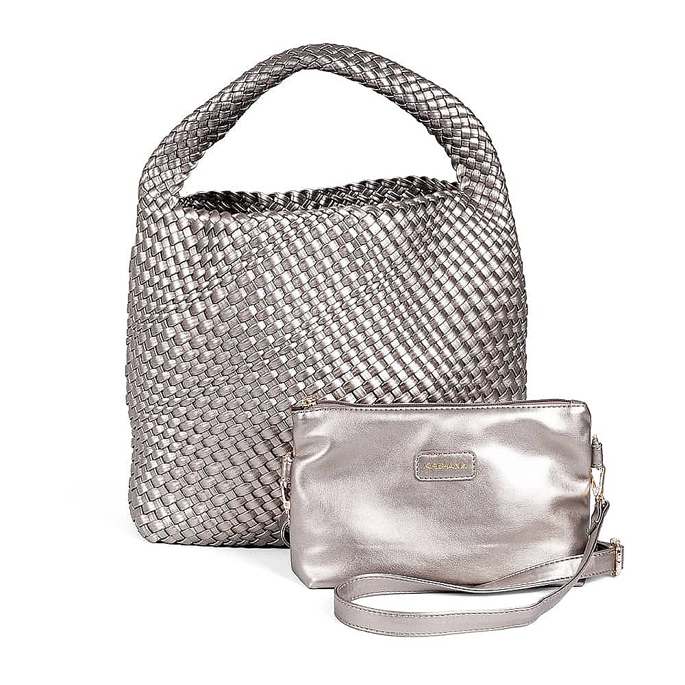 Woven In Elegance Pewter Faux Leather Bag
