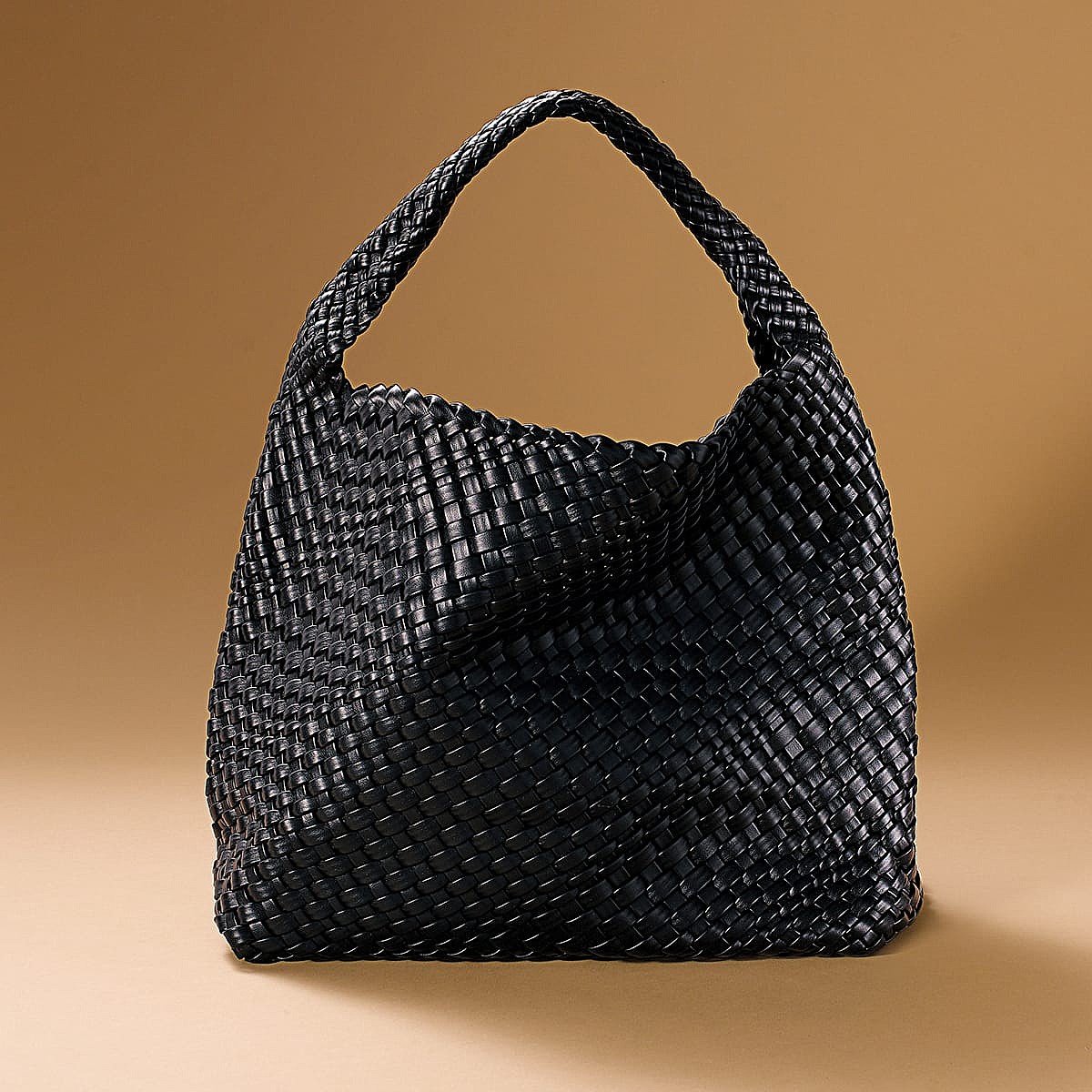 Woven Elegance Black Faux Leather Bag