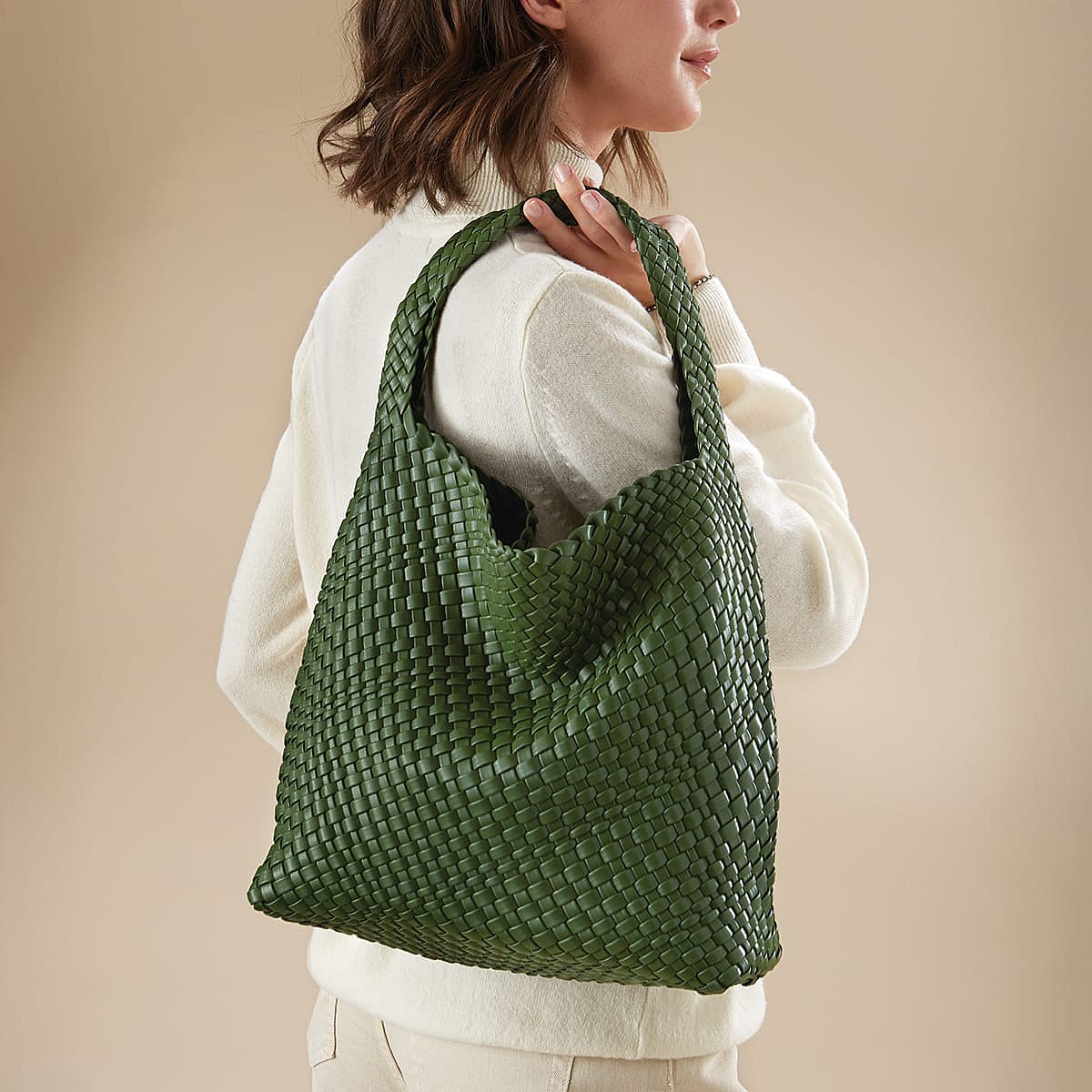 Woven Elegance Green Faux Leather Bag