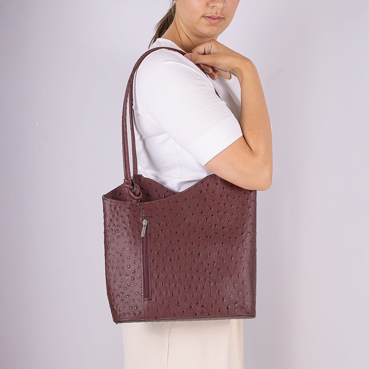Red Leather More Merlot Ostrich Embossed Shoulder Bag | Pia Jewellery