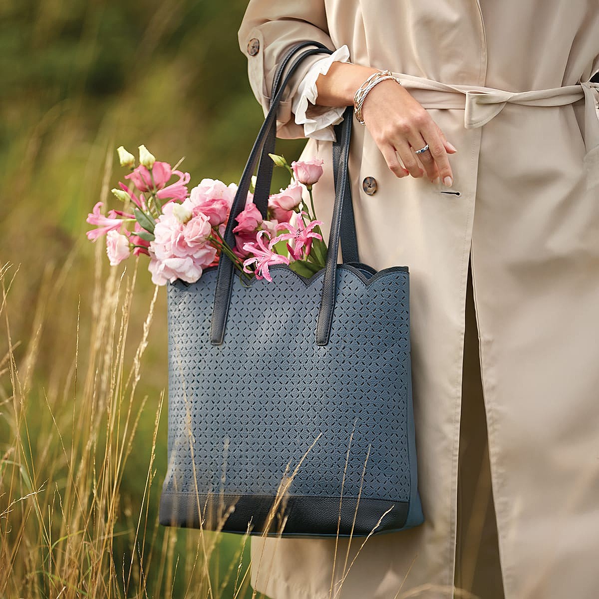Country Lanes Denim Leather Tote Bag