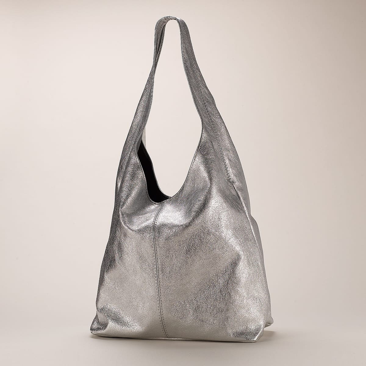 Metallic Moment Silver Suede Slouch Bag