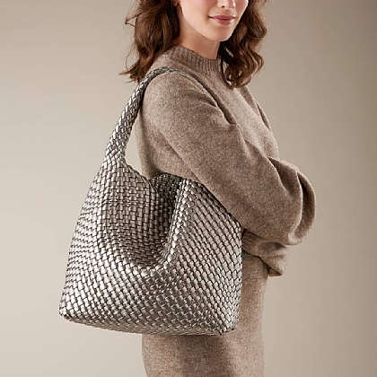 Woven In Elegance Pewter Faux Leather Bag